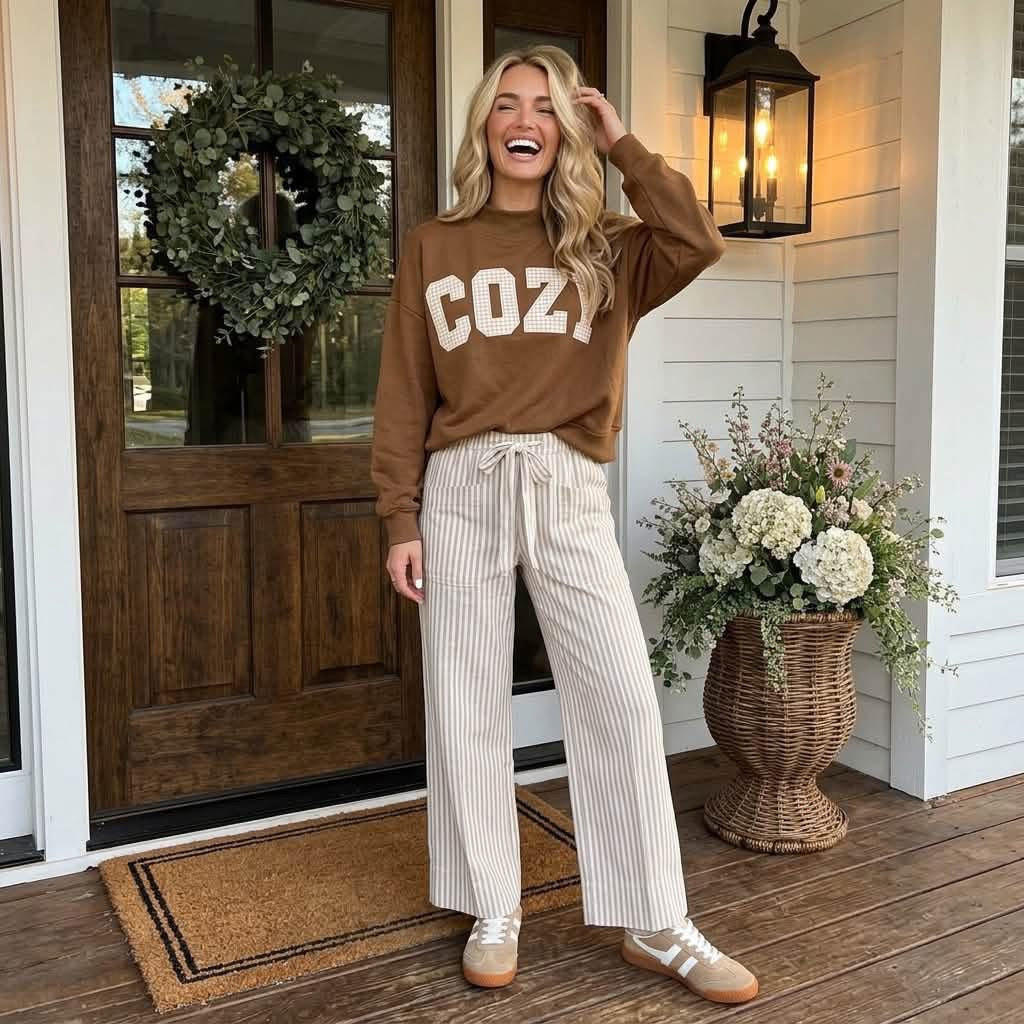 Chestnut Cozy Embroidered Long Sleeve Stand Neck Shift Pullover Sweatshirt - PREORDER