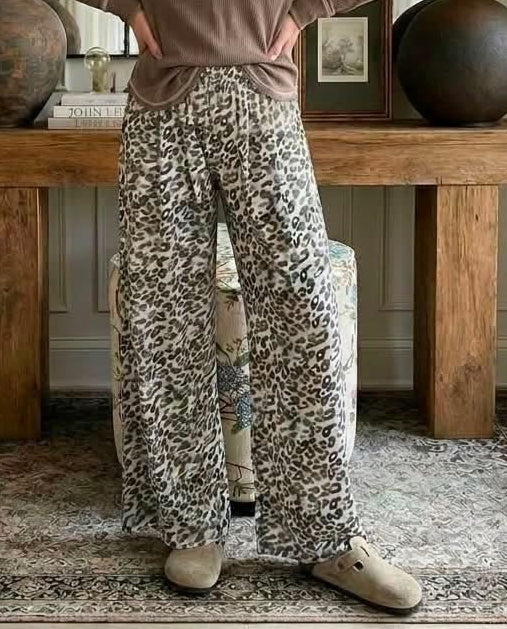 Leopard Print Wide Leg Full Length Pants - PREORDER