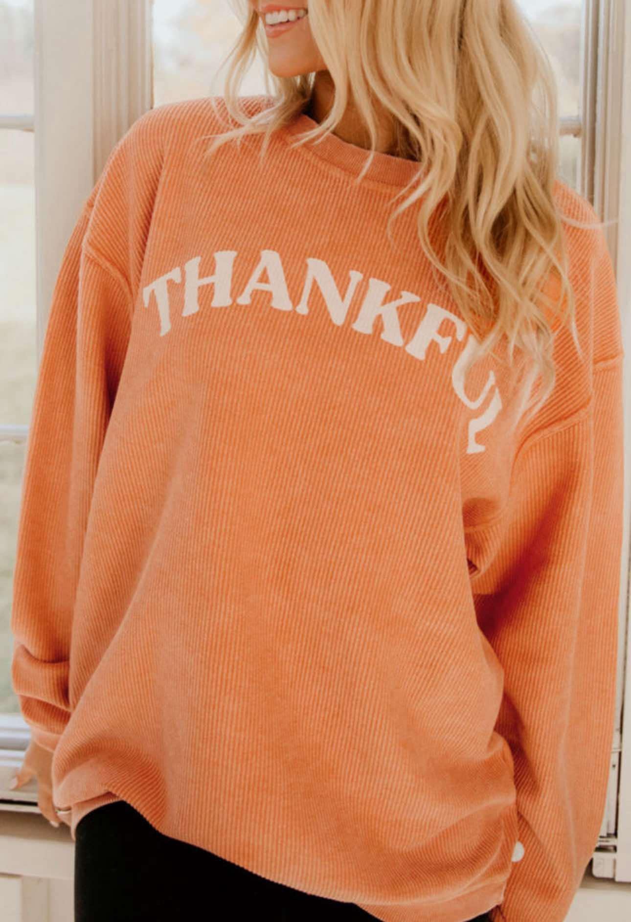 Orange THANKFUL Letter Graphic Corded Sweatshirt