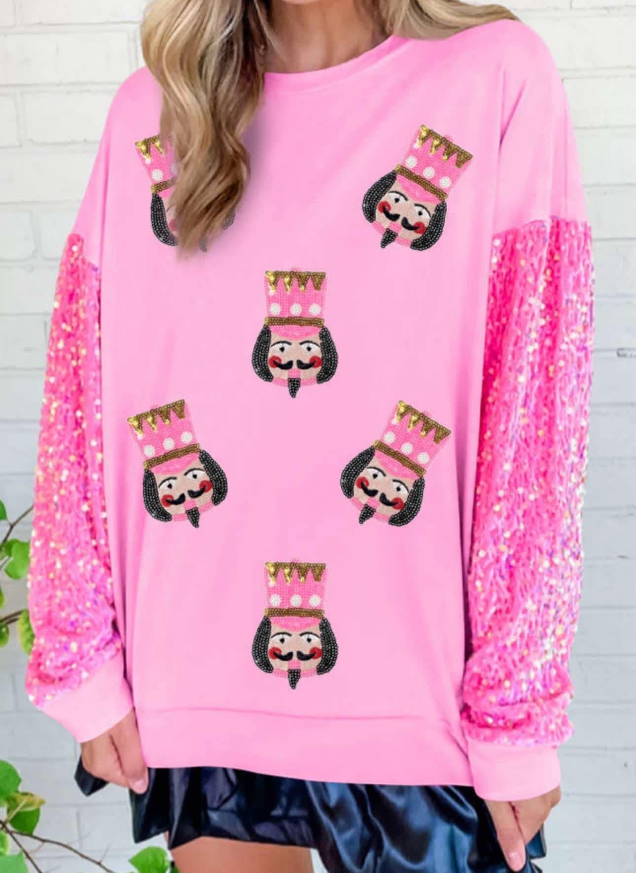 Pink Christmas Nutcracker Graphic Sequin Patchwork Long Sleeve Top PREORDER