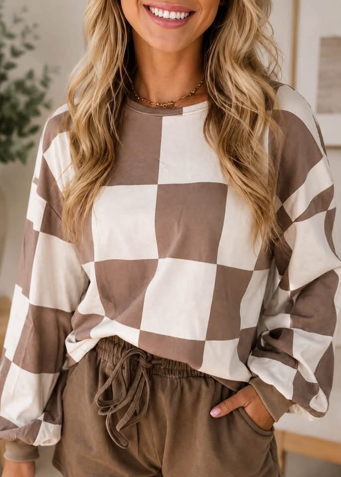 Khaki Checkerboard Plaid Long Sleeve Solid Color Shorts 2pcs Set - PREORDER
