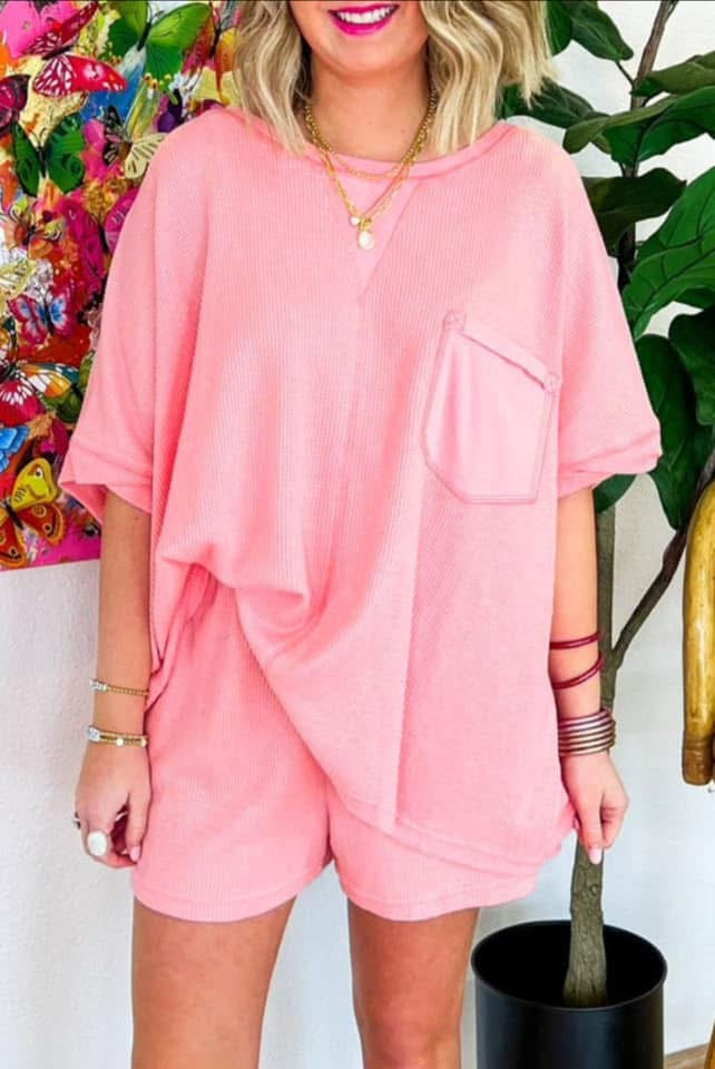 Pink Plus Size Ribbed Exposed Seam Tee PREORDER