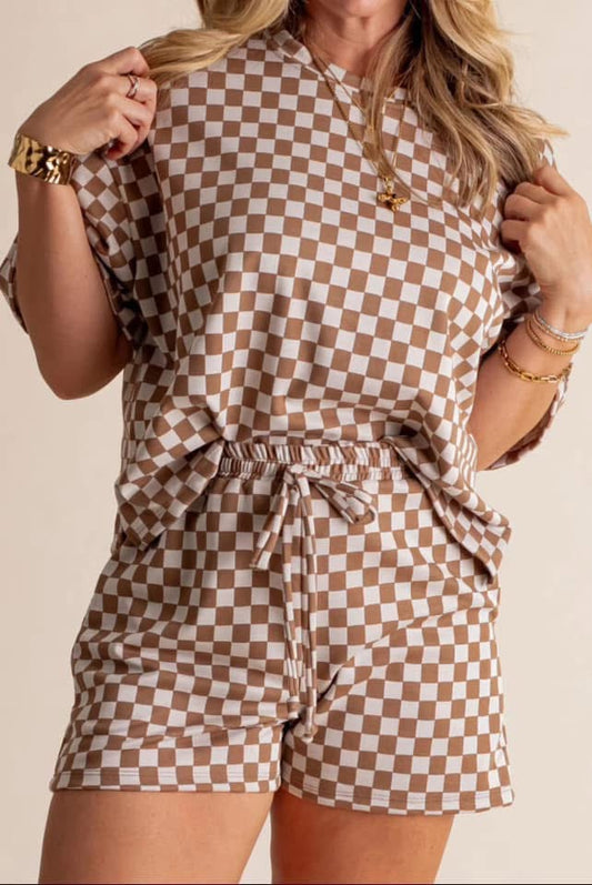 Brown Plus Size Checkerboard Print Side PREORDER