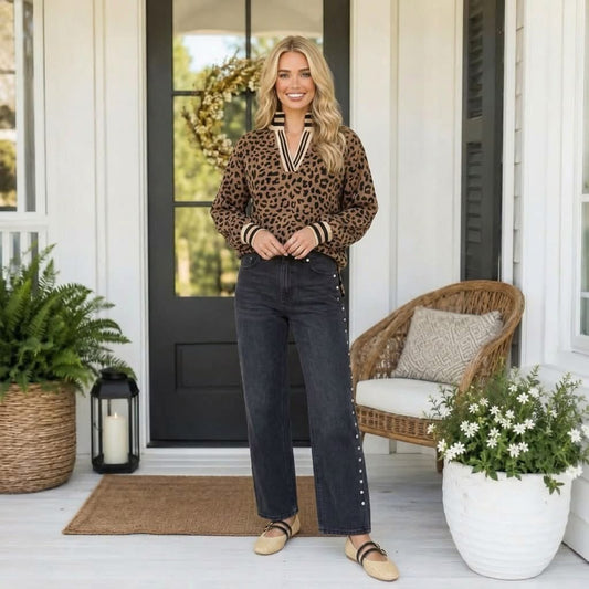 Brown Leopard Print Striped Trim Collar Long Sleeve Shift Pullover - PREORDER