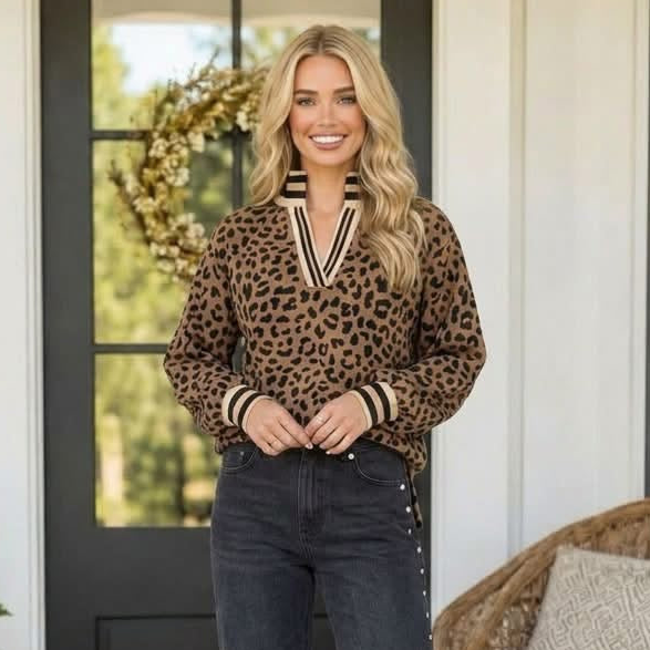 Brown Leopard Print Striped Trim Collar Long Sleeve Shift Pullover - PREORDER