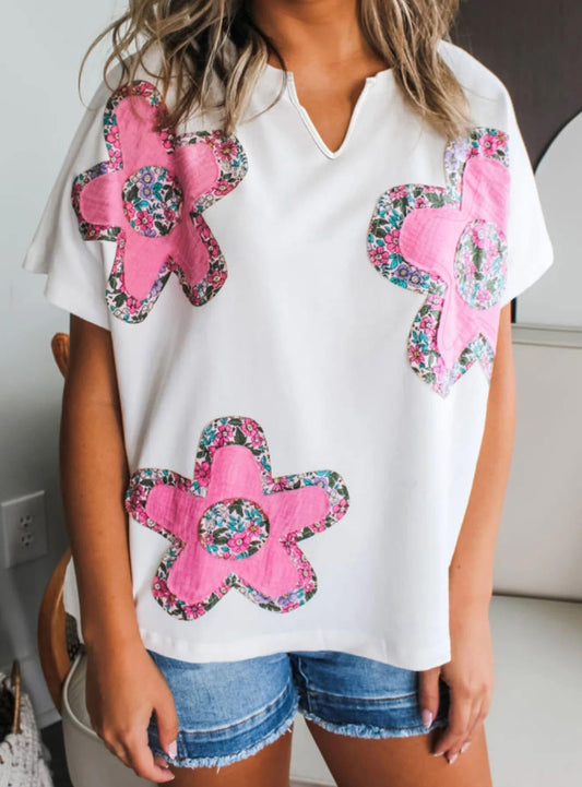 White Floral Applique Notched V Neck Dolman Sleeve Top PREORDER