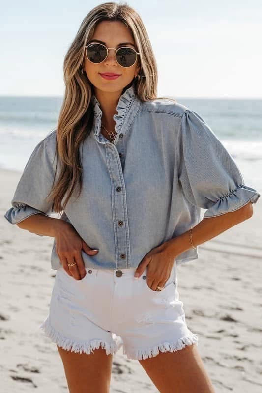 Beau Blue Ruffle Short Puff Sleeve Summer Chambray Shirt PREORDER