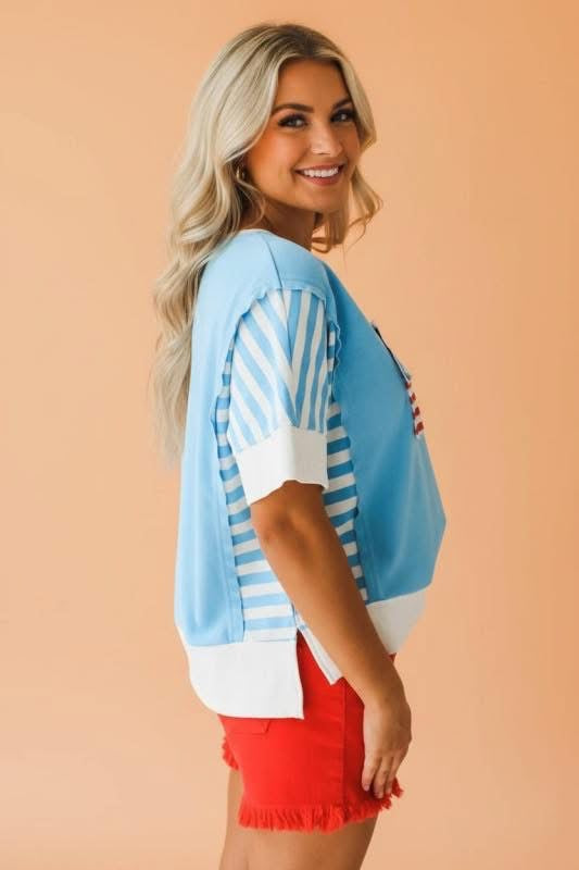 Light Blue Flag Print Patchwork Colorblock July 4th T Shirt