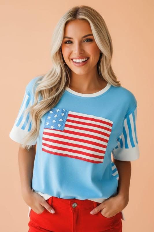 Light Blue Flag Print Patchwork Colorblock July 4th T Shirt
