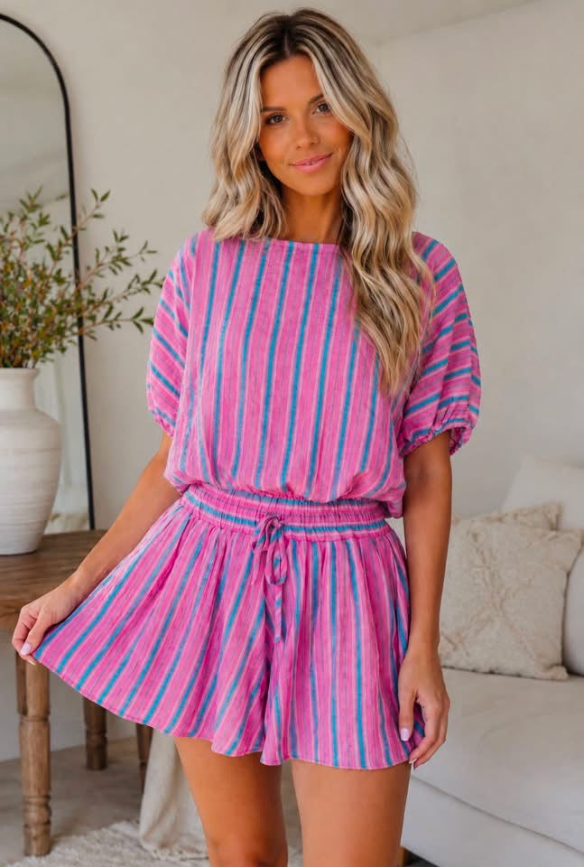 Pink Stripe Dolman Short Sleeve Blouse Drawstring Elastic Waist Loose Short Set