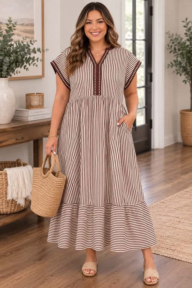 Brown Stripe Plus Size Slit V Neck Tiered Flutter Sleeve Maxi Dress - PREORDER