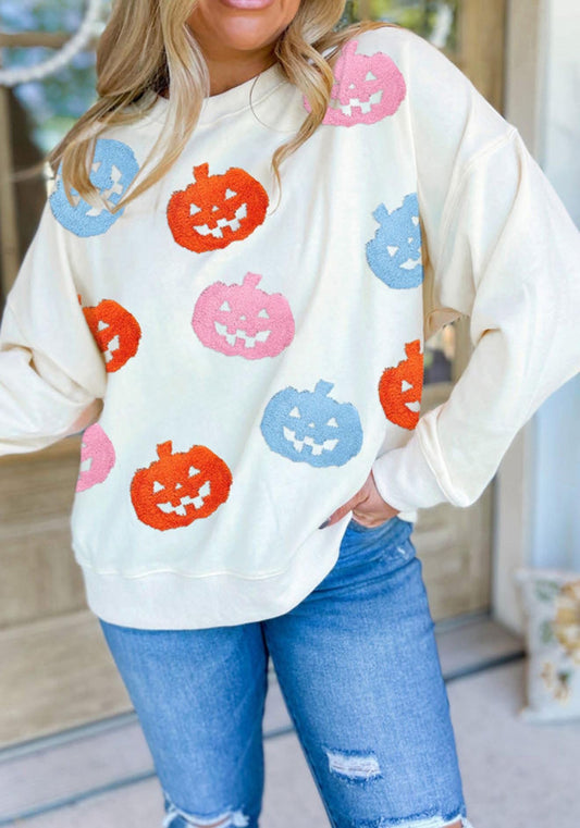 White Halloween Pumpkin Patched Loose Sweatshirt - PREORDER