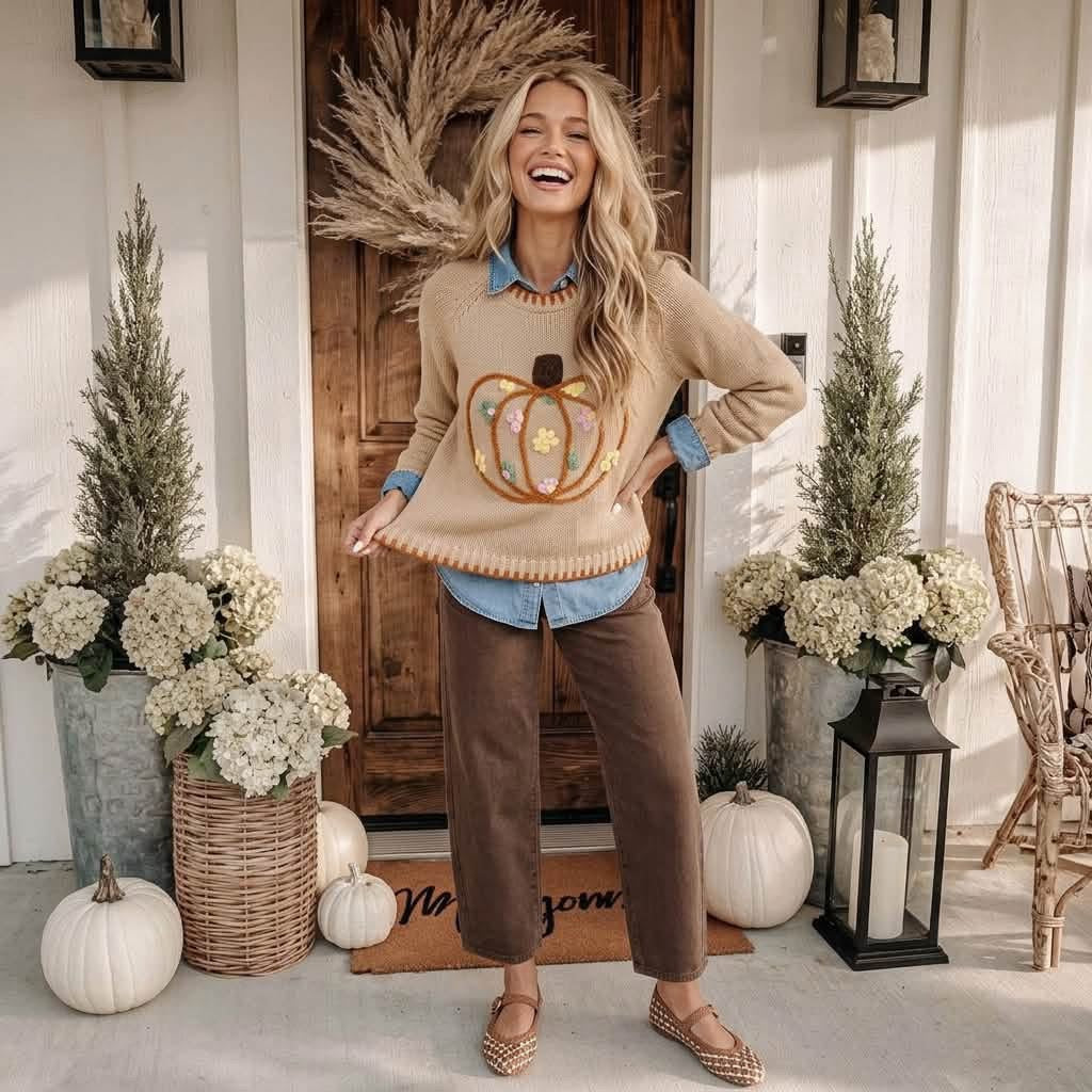 Floral Embroidery Pumpkin Long Sleeve Round Neck Sweater - PREORDER