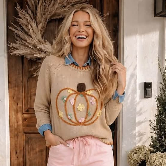 Floral Embroidery Pumpkin Long Sleeve Round Neck Sweater - PREORDER