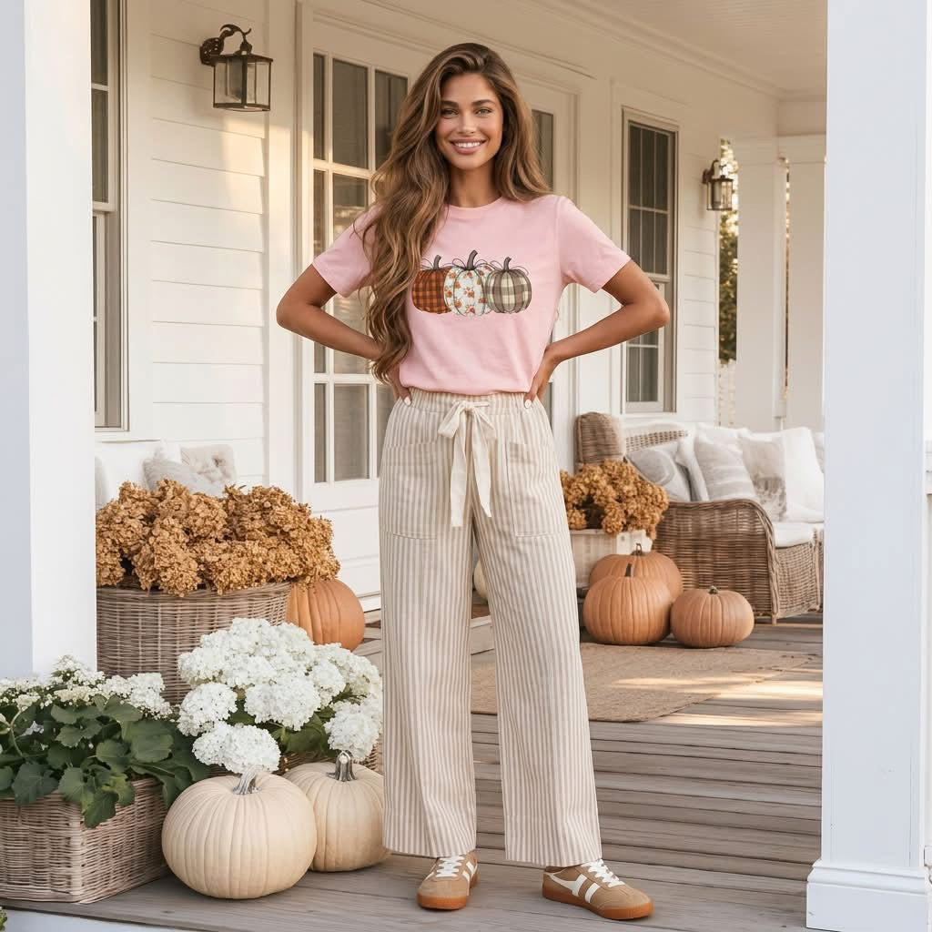 Pink Mix Pattern Pumpkin Print Round Neck T Shirt - PREORDER