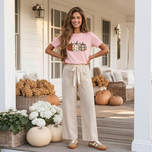 Pink Mix Pattern Pumpkin Print Round Neck T Shirt - PREORDER