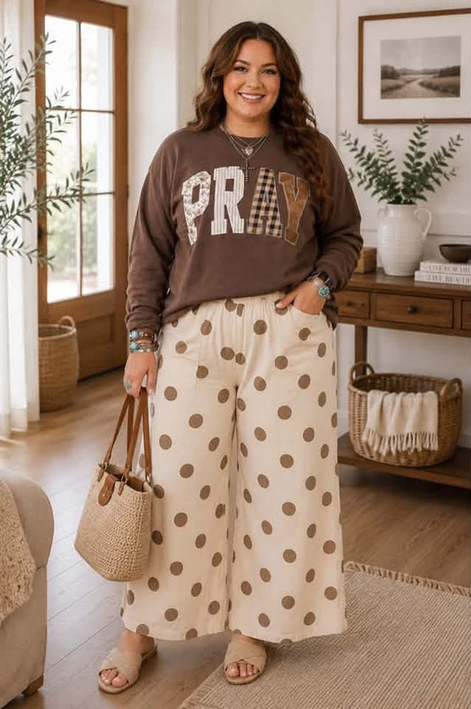 Coffee PRAY Letter Patchwork Round Neck Long Sleeve Plus Size Sweatshirt - PREORDER