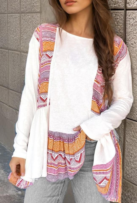 White Western Aztec Print Patchwork Ruffled Tunic Long Sleeve Babydoll Top PREORDER