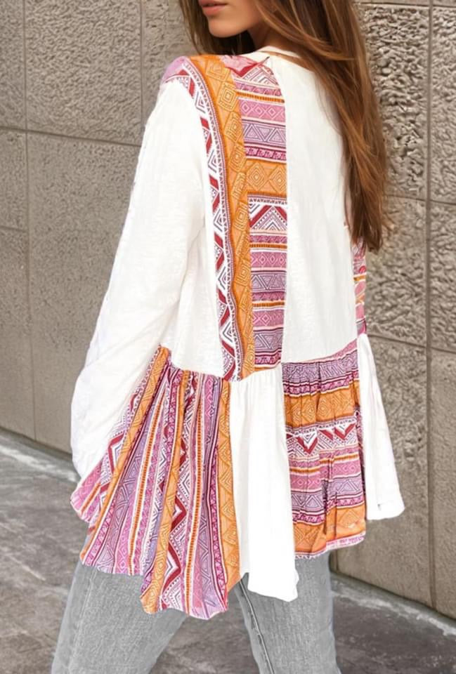 White Western Aztec Print Patchwork Ruffled Tunic Long Sleeve Babydoll Top PREORDER