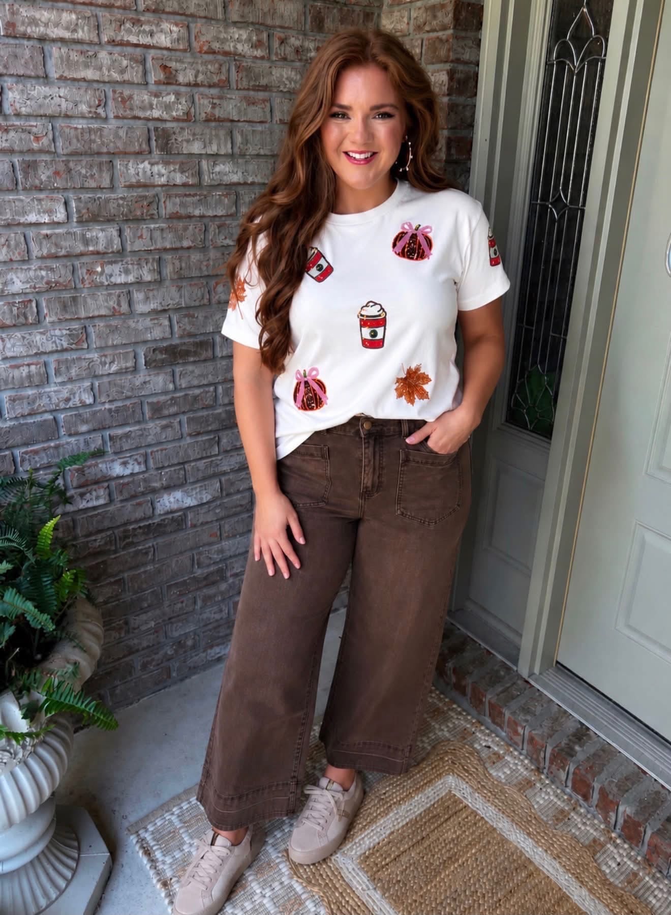 White Sequined Pumpkin Fall Graphic Casual Shift T Shirt - PREORDER