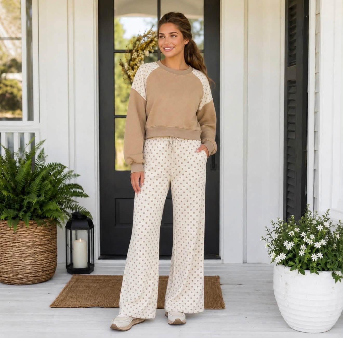 Khaki Polka Dot Patchwork Colorblock Long Sleeve Casual Two Piece Pants Set - PREORDER