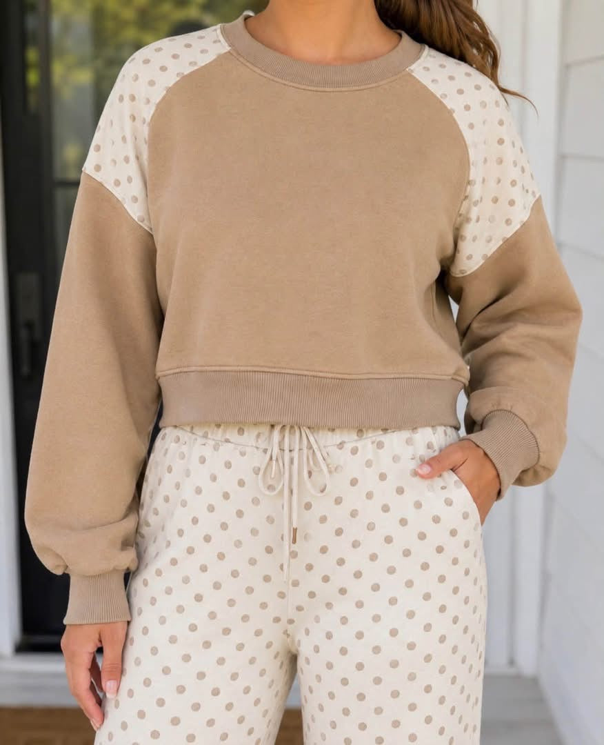 Khaki Polka Dot Patchwork Colorblock Long Sleeve Casual Two Piece Pants Set - PREORDER