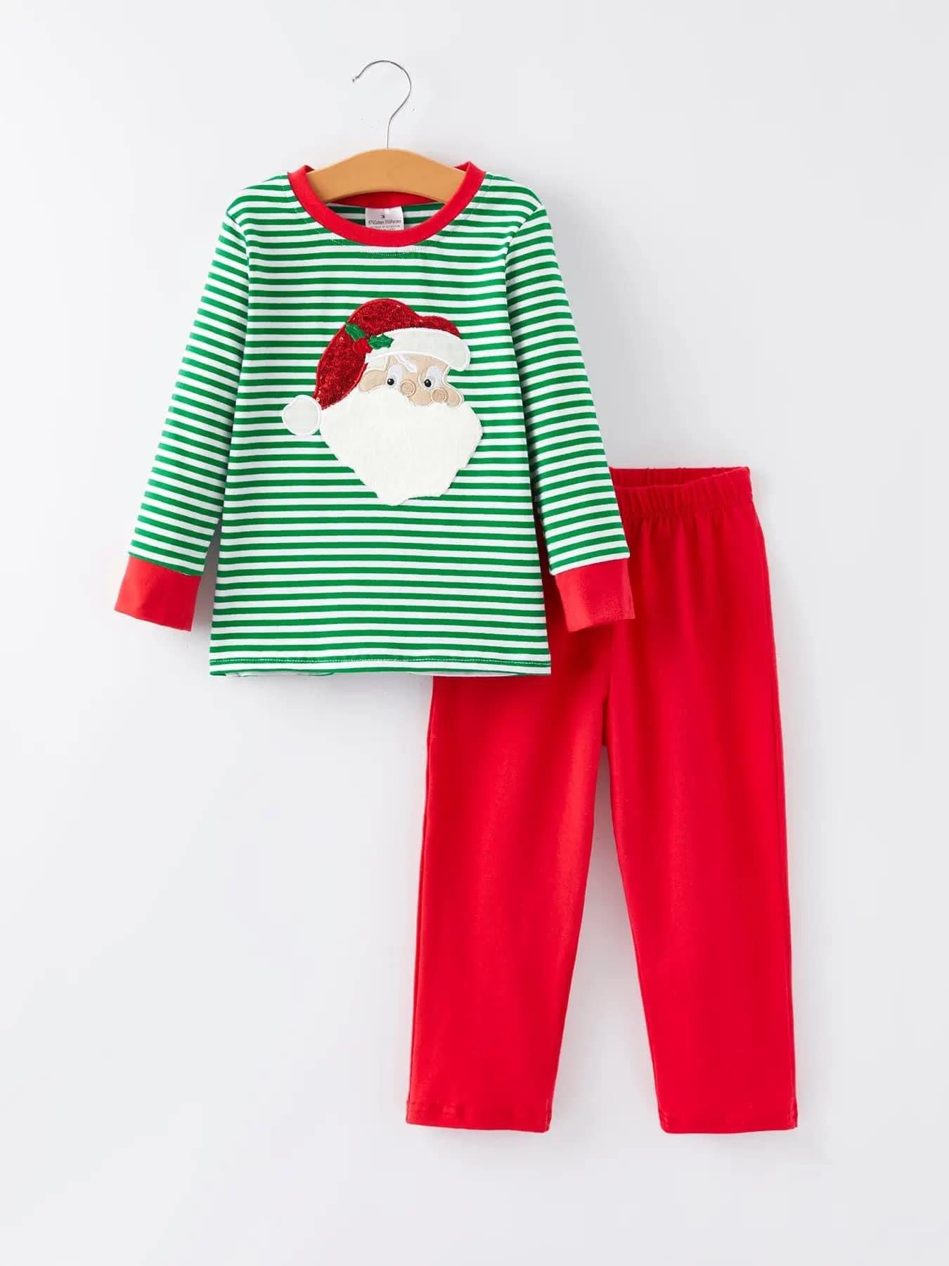 Christmas Santa Applique Striped BOYS Outfit Set