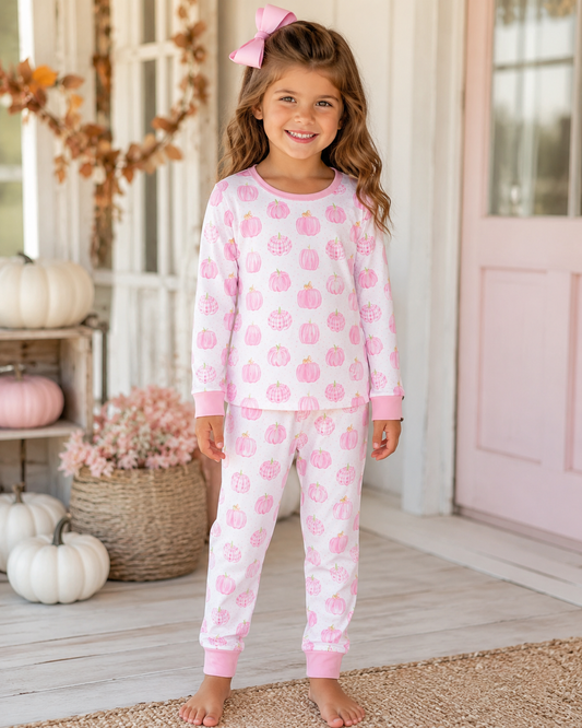 Girls Pink Pumpkin Pajama Set - PREORDER