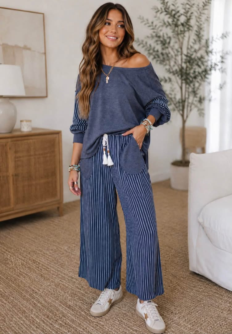 Navy Raw Edge Patchwork Long Sleeve Top Pocket Casual Pants 2pcs Set - PREORDER