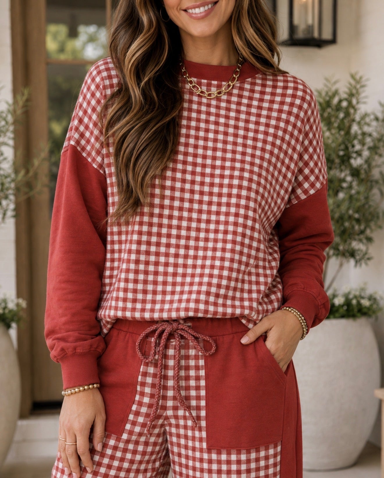 Red Color Block Plaid Patchwork Long Sleeve Pullover Wide Leg Pant Set - PREORDER