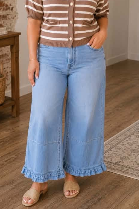Light Blue Ruffle Hem Wide Leg Full Length Plus Size Jeans - PREORDER