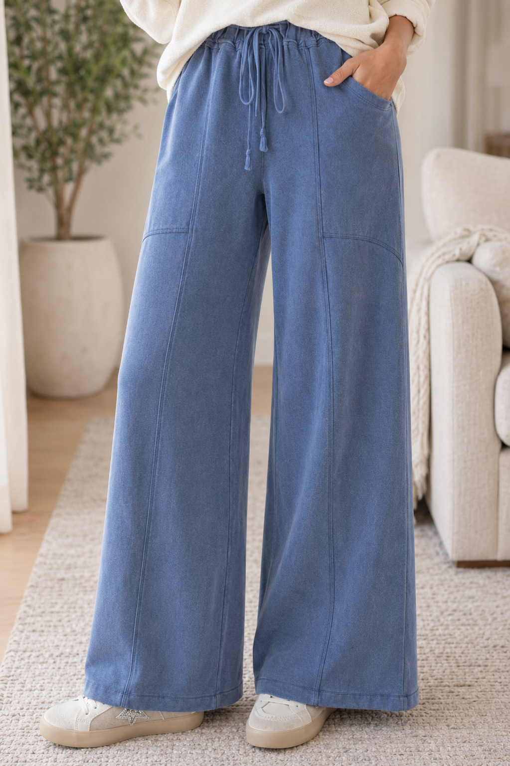 Ashleigh Blue Mineral Wash Drawstring Retro High Waist Wide Leg Western Pants - PREORDER