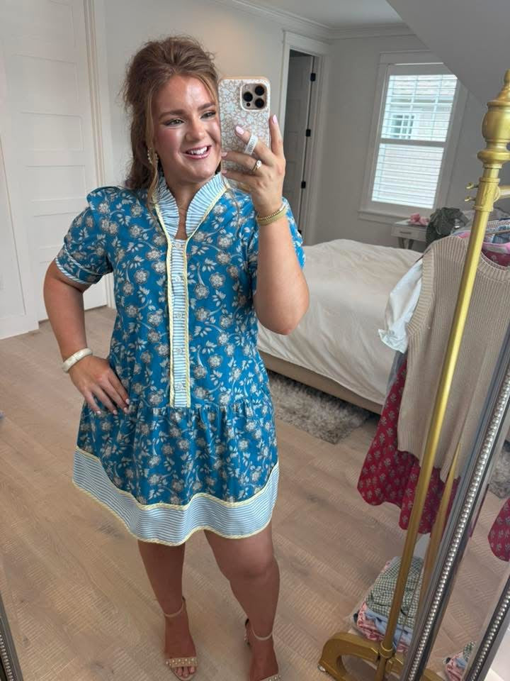 Blue Striped Trim Half Buttons Short Sleeve Floral Dress