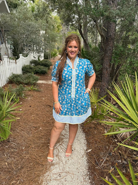 Blue Striped Trim Half Buttons Short Sleeve Floral Dress