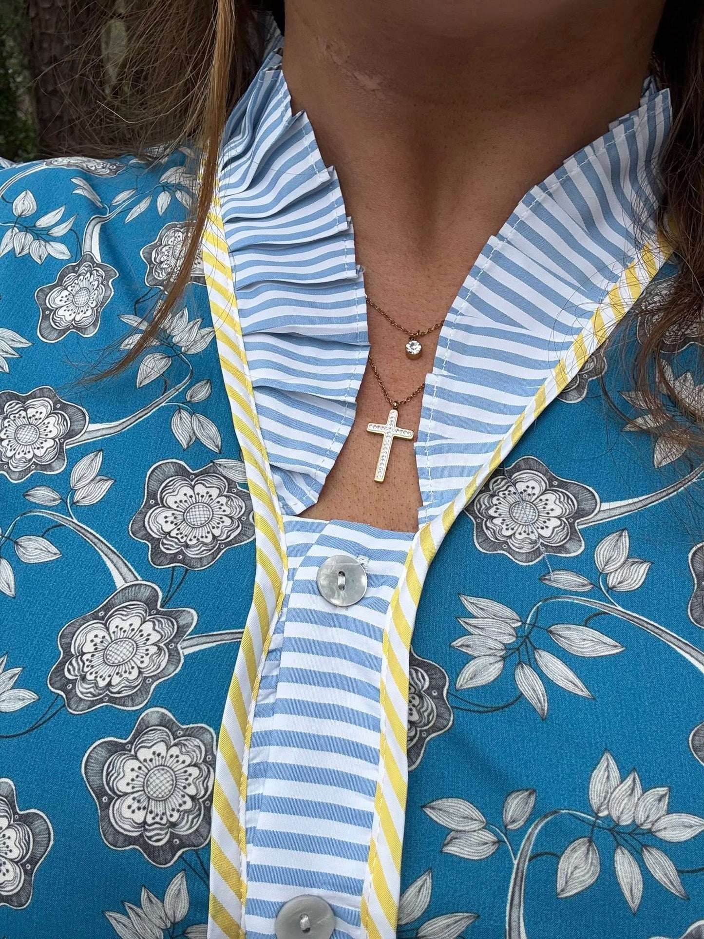 Blue Striped Trim Half Buttons Short Sleeve Floral Dress