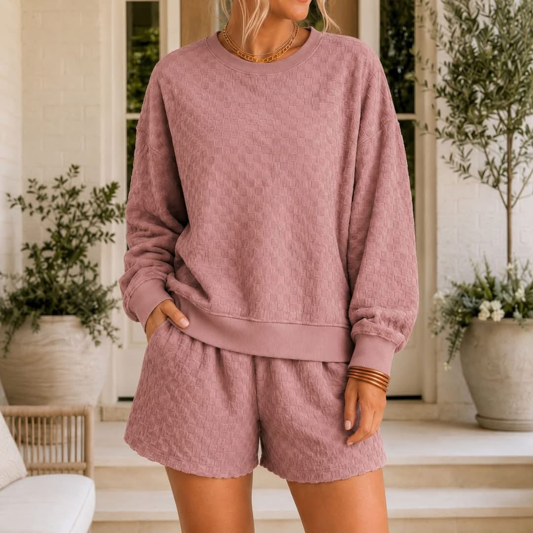 Blossom Checkered Textured Long Sleeve Top and Shorts Set - PREORDER