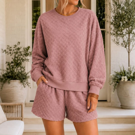 Blossom Checkered Textured Long Sleeve Top and Shorts Set - PREORDER