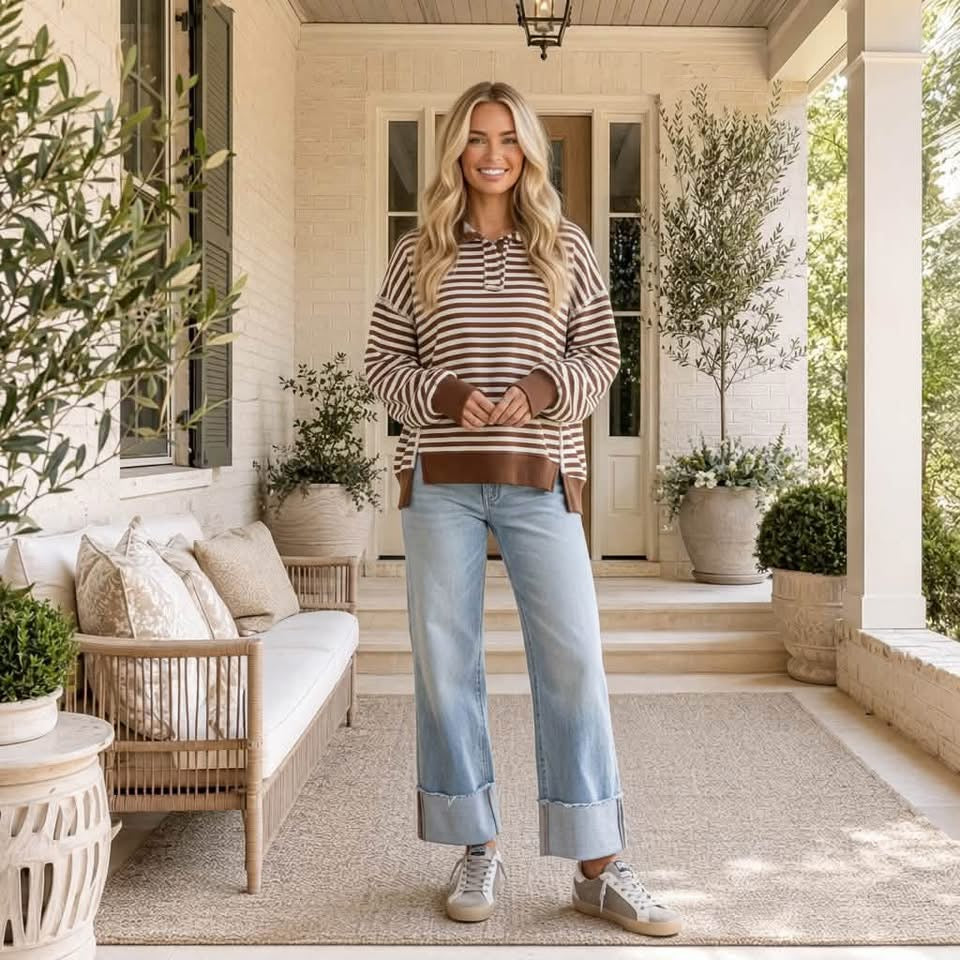 Brown Stripe Color Block Trim Raw Seam Split Hem Thumbhole Sleeve Loose Sweatshirt - PREORDER