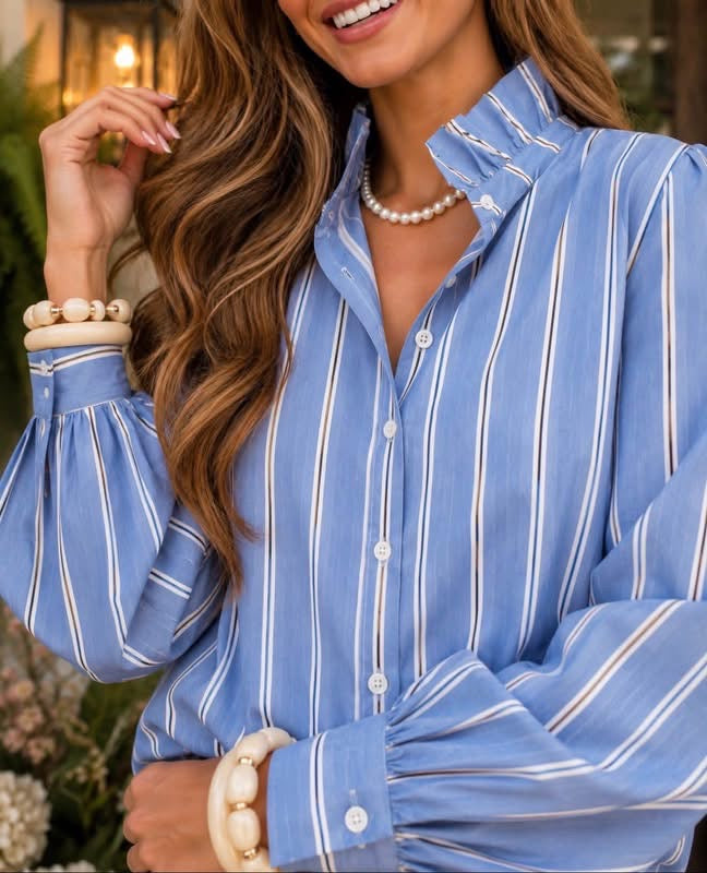 Sky Blue Stripe Ruffled Stand Neck Button Down Long Sleeve Chambray Shirt - PREORDER