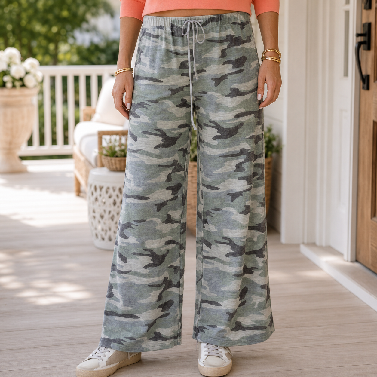 Green Camo Wide Leg Tie Elastic Waist Casual Pants - PREORDER