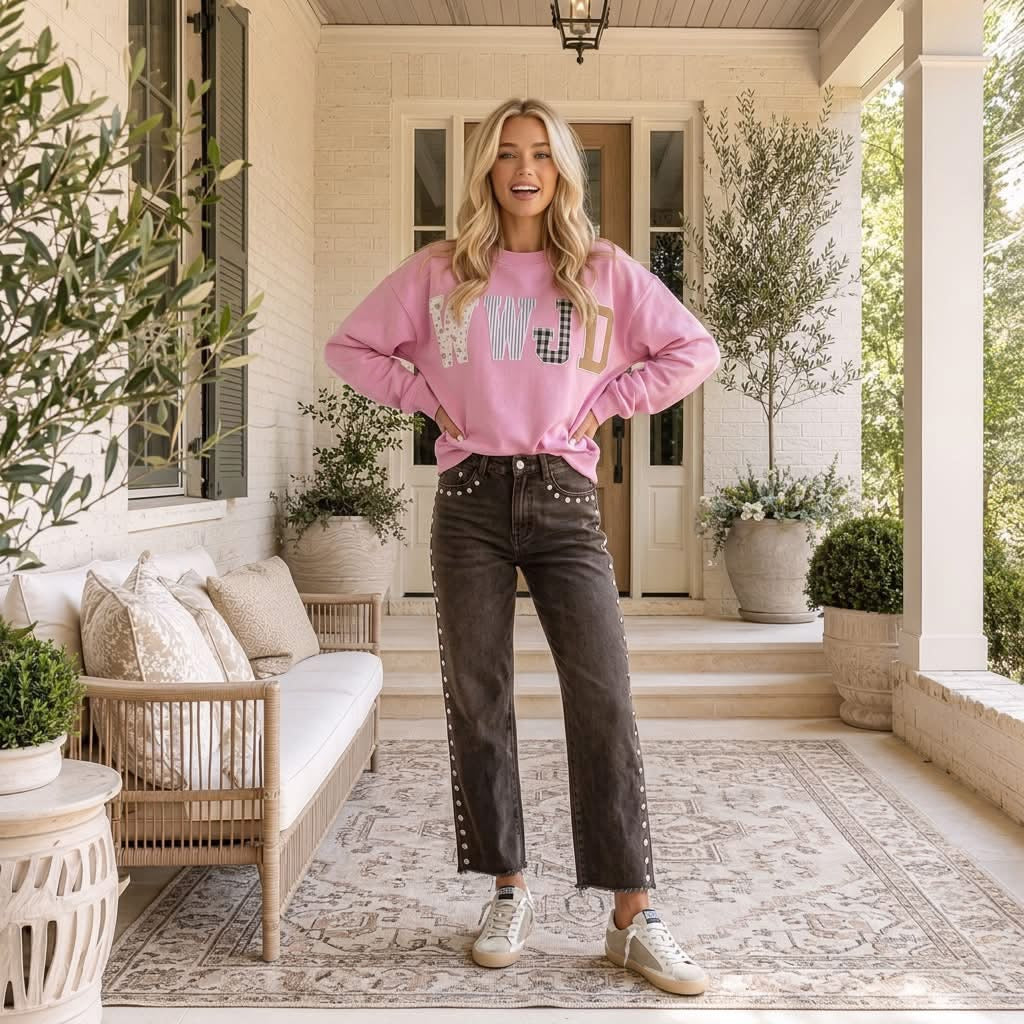Bonbon WWJD Mixed Pattern Embroidered Patch Graphic Mock Neck Sweatshirt - PREORDER