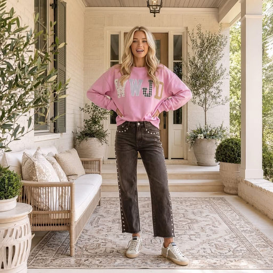 Bonbon WWJD Mixed Pattern Embroidered Patch Graphic Mock Neck Sweatshirt - PREORDER