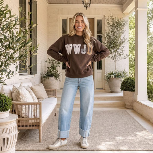 Coffee WWJD Mixed Pattern Embroidered Patch Graphic Mock Neck Sweatshirt - PREORDER