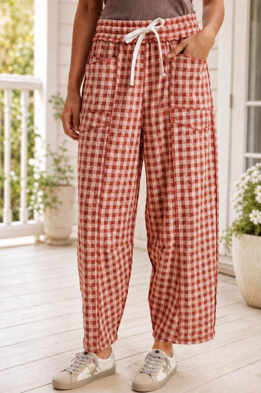 Red Plaid Contrast Trim Drawstring Elastic Waist Shift Pants - PREORDER