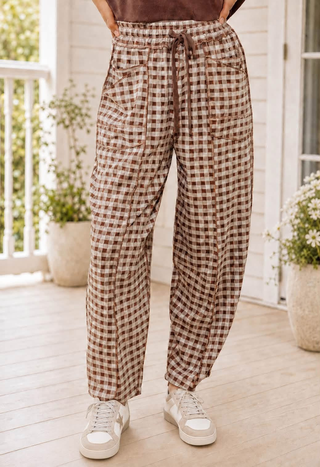 Brown Plaid Contrast Trim Drawstring Elastic Waist Shift Pants - PREORDER