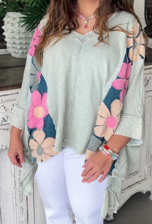 Green Plus Size Flower Patchwork Exposed Seam High Low Top PREORDER