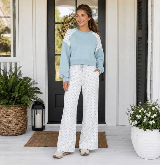 Blue Polka Dot Patchwork Colorblock Long Sleeve Casual Two Piece Pants Set - PREORDER
