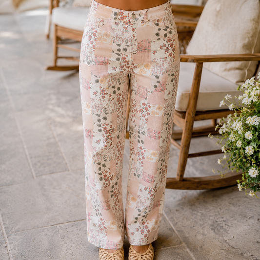 Pink Floral Patchwork Wide Leg Full Length Jeans - PREORDER