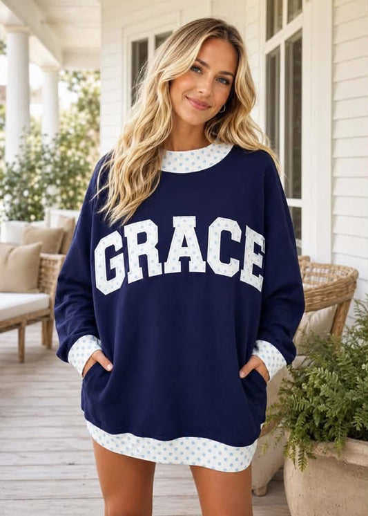 Blue Plaid Trim High Neck GRACE Letter Graphic Baggy Sweatshirt - PREORDER