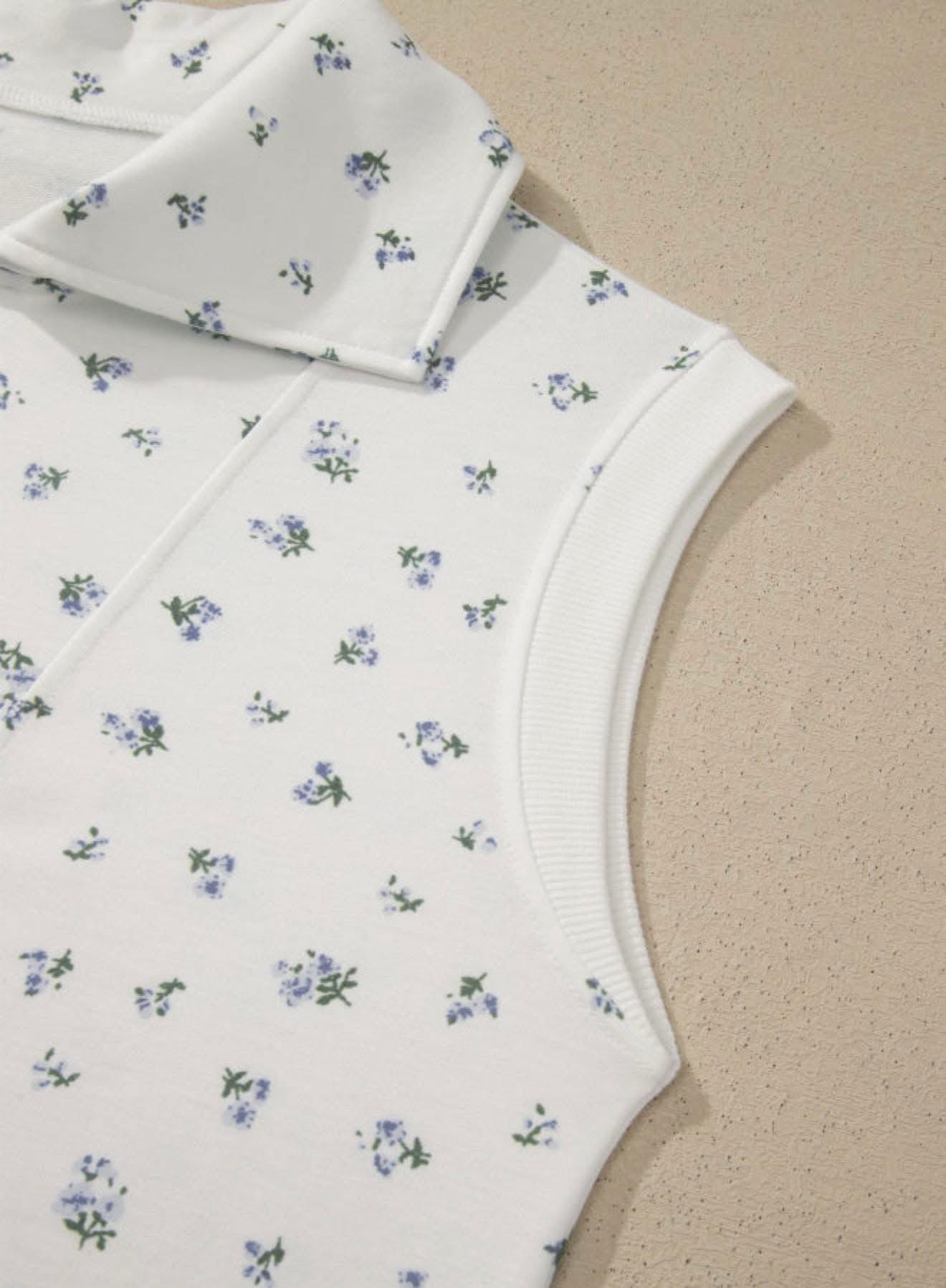 White Floral Print Half Zip Top Matching Short Set - PREORDER
